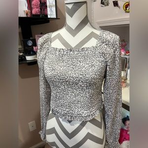 Japna Gray Sheer-Long Sleeve Square Neck Top